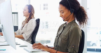 Buy stock photo Call center, customer support and woman on computer in office for talking, online help and consulting. Corporate, business and person with headset for virtual assistant, communication or b2c contact