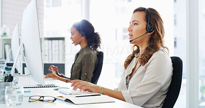 Buy stock photo Call center, computer and woman consulting with headset for customer support, lead generation and product advice. Telemarketing agent, person and help desk assistance for FAQ, CRM and online sales