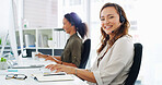 Call center, computer and woman with headset in portrait for customer service, technical support and online advice. Contact us, consultant and happy with help desk assistance, inbound query and FAQ