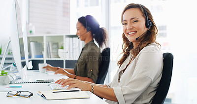 Buy stock photo Call center, computer and woman with headset in portrait for customer service, technical support and online advice. Contact us, consultant and coworking help desk assistance, inbound query and FAQ