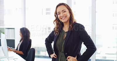 Buy stock photo Office, businesswoman and happiness in portrait for accountant, professional career and investment. Confident, female person and financial manager with pride for about us, auditing or accounting firm