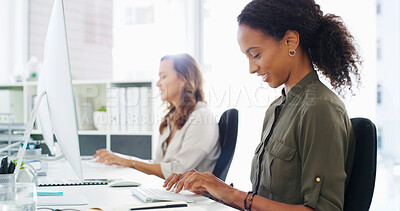 Buy stock photo Business, internet and woman in office, computer and research for climate change. Person, consultant and employees in workplace, pc and network with smile, email and website info for ecology report