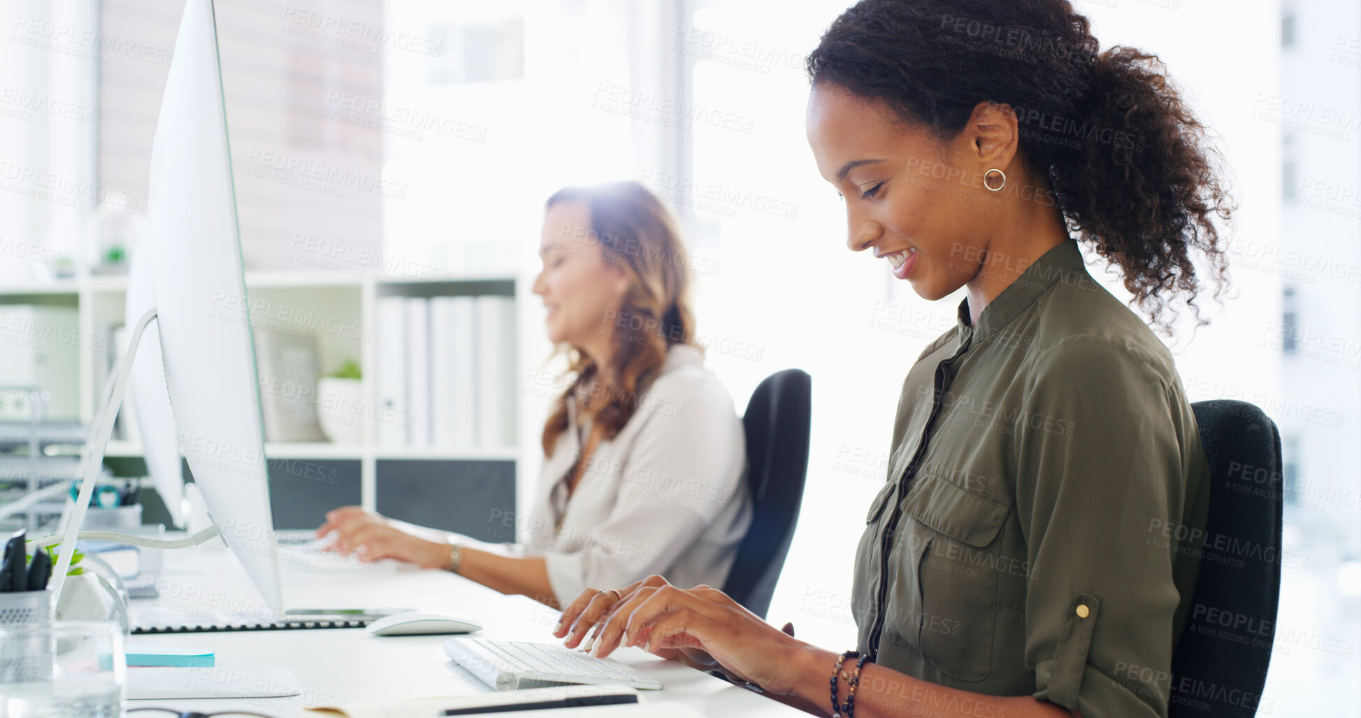 Buy stock photo Business, internet and woman in office, computer and research for climate change. Person, consultant and employees in workplace, pc and network with smile, email and website info for ecology report