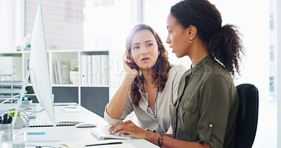 Buy stock photo Office, discussion and business women on computer for planning, collaboration and feedback for project. Professional, corporate and people in meeting on pc for research, online proposal and website