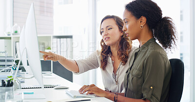 Buy stock photo Pointing, discussion and business women on computer for planning, collaboration and feedback for project. Professional, corporate and people in meeting on pc for research, online proposal and website