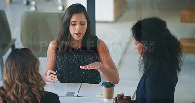 Buy stock photo Business people, feedback and women in office, planning and coaching for financial report. Employees, talking and mentor in workplace, collaboration or meeting for project development or conversation