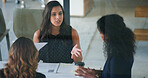 Business people, conversation and women in office, documents and feedback for financial report. Employees, coaching and mentor in workplace, talking and meeting for project development and advice