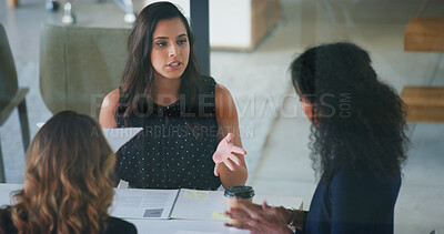 Buy stock photo Business people, conversation and women in office, documents and feedback for financial report. Employees, coaching and mentor in workplace, talking and meeting for project development and advice