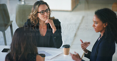 Buy stock photo Business people, feedback and women in workplace, planning and discussion for financial report. Employees, speaking or mentor in office, cooperation or meeting for project development, help or advice