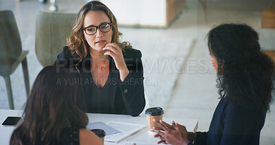 Buy stock photo Business people, conversation and women in meeting, planning and feedback for financial report. Employees, advice and mentor in workplace, cooperation and ideas for project development, talk and help