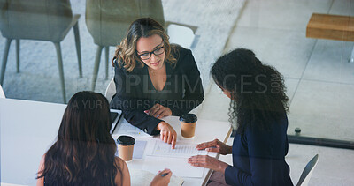 Buy stock photo Meeting, team and women review paperwork for business proposal, above financial collaboration and reading info. Report, portfolio and proofreading documents for investment for corporate partnership