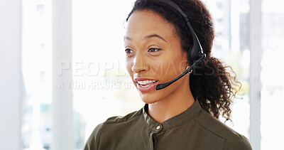 Buy stock photo Call center, headset and woman in office with consultation for lead generation, crm or inbound support. Contact us, audio tech and female customer experience agent with order process at helpdesk.