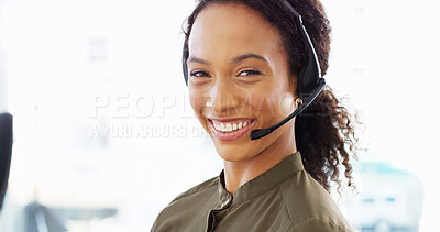 Buy stock photo Customer service, headset and portrait of woman in office with consultation for lead generation, crm or inbound support. Contact us, audio tech and call center agent with order process at helpdesk.