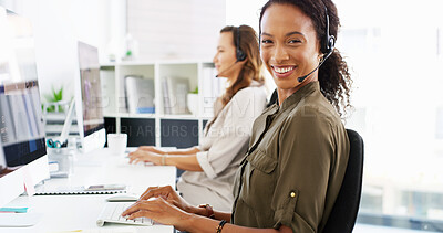 Buy stock photo Happy woman, consultant and call center with headset for telemarketing or customer service at office. Portrait, female person or agent with smile or mic for online advice, communication or help