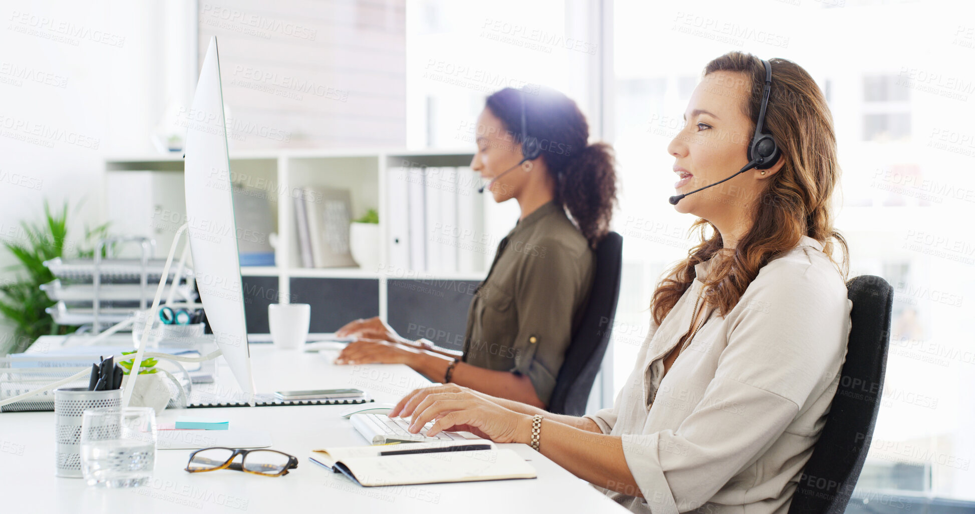 Buy stock photo Talking, customer service and woman on computer in office for support, online help and consulting. Corporate, business and person with headset for virtual assistance, communication and b2c contact