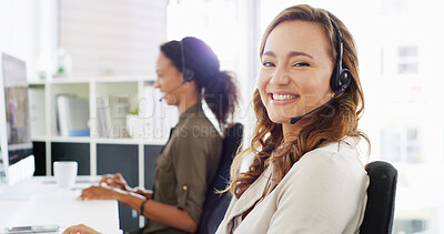 Buy stock photo Happy woman, face and consultant with headset at call center for telemarketing or customer service. Portrait, female person or virtual assistant with smile or mic for online advice or communication