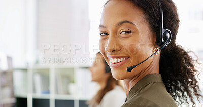 Buy stock photo Office, happy woman and portrait with headset for customer service, helping and consultation. Call center, business person and sales consultant with technology for faq, assistance and inbound support
