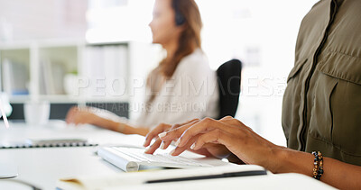 Buy stock photo Person, hands and typing with keyboard at call center for research, email or communication. Closeup, consultant or agent writing with computer for data entry, report or browsing on desk at workplace