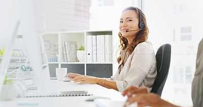 Buy stock photo Happy woman, face and consultant with headset for telemarketing or customer service at call center. Portrait, female person or agent with smile on computer for online assistance, help or support