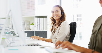 Buy stock photo Happy woman, portrait and consultant with headset for telemarketing or customer service at call center. Female person, friendly agent or smile with computer for online assistance, help or support