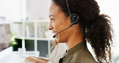 Buy stock photo Office, businesswoman and smile with headset for customer service, helping and consultation. Call center, female person and sales consultant with technology for faq, assistance and inbound support