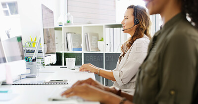 Buy stock photo Woman, consultant or agency with headset at call center for telemarketing or customer service. Female person, agent or employees with computer for online assistance, help or desktop support at office