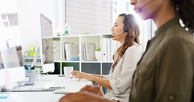 Buy stock photo Woman, agents or consulting with headset at call center for telemarketing or customer service. Female person, consultant or employees talking with mic for online assistance, help or desktop support