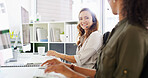 Happy woman, consultant or agency with headset at call center for telemarketing or customer service. Female person, agent or employees with smile or mic for online assistance, help or desktop support
