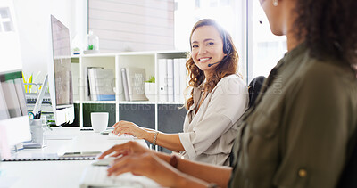 Buy stock photo Happy woman, consultant or agency with headset at call center for customer service or communication. Female person, agent or team with smile or mic for online assistance, help or desktop support