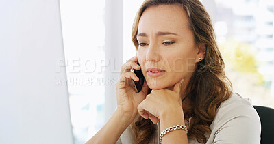 Buy stock photo Phone call, business communication and woman by computer, negotiation or networking with mobile discussion. Contact, conversation and corporate deal with feedback, review email and pc in office