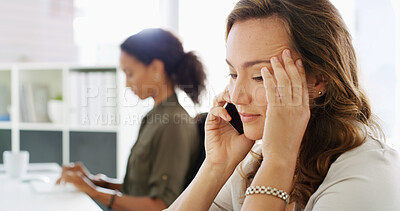 Buy stock photo Phone call, listen and woman with headache, office and financial consultation for contact and stress. Communication, advisor and person with migraine in business, pain or anxiety for customer service