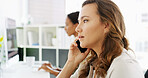Phone call, corporate communication and woman in workplace, negotiation or networking with mobile discussion. Contact, conversation and business deal with feedback, consulting and coworking office