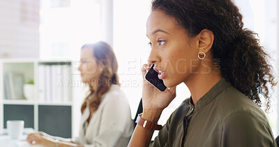 Buy stock photo Phone call, business communication and woman in workplace, negotiation or networking with mobile discussion. Contact, conversation and corporate deal with feedback, consulting and coworking office