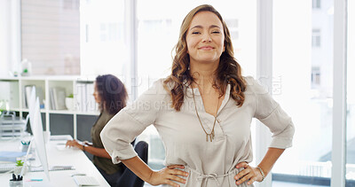 Buy stock photo Happy, office and portrait of business woman with confidence, smile and company pride. Creative consultant, professional worker and person for career, job and opportunity in coworking workplace