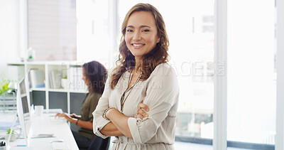 Buy stock photo Office, happy woman and pride in portrait for accountant, professional career and investment. Smile, female person and financial manager with arms crossed for about us, business and accounting firm