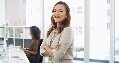 Buy stock photo Office, happy woman and confidence in portrait for accountant, professional career or investment. Laugh, female person or financial manager with arms crossed for about us, business or accounting firm