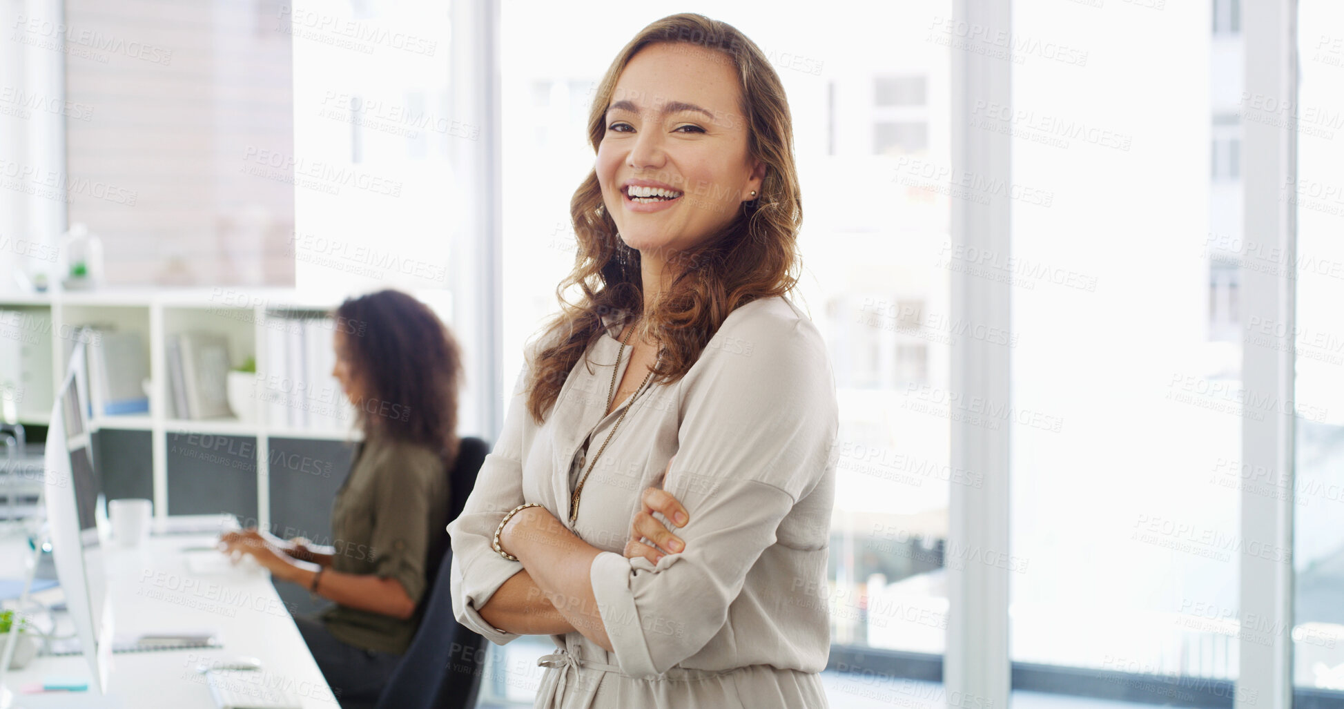 Buy stock photo Office, happy woman and confidence in portrait for accountant, professional career or investment. Laugh, female person or financial manager with arms crossed for about us, business or accounting firm