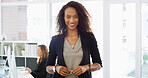 Office, businesswoman and ambition in portrait for manager, professional career and investment. Smile, female person and financial accountant with pride for about us, confidence and accounting firm