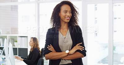 Buy stock photo Crossed arms, thinking and business woman in office with confidence, coworking and company pride. Corporate, professional worker and person with ideas for career, job and opportunity in workplace