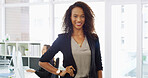 Office, businesswoman and ambition in portrait for accountant, professional career and investment. Smile, female person and financial manager with pride for about us, confidence and accounting firm