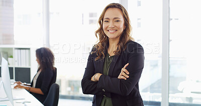 Buy stock photo Office, businesswoman and pride in portrait for manager, professional career and investment. Smile, female person and financial accountant with arms crossed for about us, ambition and accounting firm