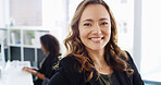Office, businesswoman and smile in portrait for manager, professional career and investment. Confidence, female person and financial accountant with pride for about us, ambition and accounting firm