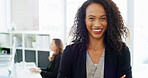 Office, businesswoman and laugh in portrait for manager, professional career and investment. Confidence, female person and financial accountant with pride for about us, ambition and accounting firm