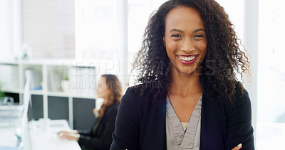 Buy stock photo Office, businesswoman and laugh in portrait for manager, professional career and investment. Confidence, female person and financial accountant with pride for about us, ambition and accounting firm