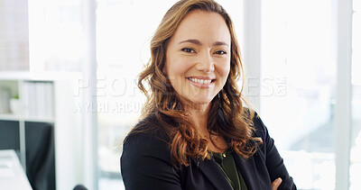 Buy stock photo Office, businesswoman and pride in portrait for consultant, professional career and investment. Confidence, female person and financial accountant with smile for about us, ambition or accounting firm