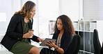 Meeting, tablet and business women in office for online project, research and feedback for proposal. Professional, corporate and workers on digital tech for website review, teamwork and planning