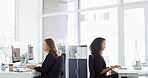 Business, people and typing on computer in office for property search, listing web and real estate agents. Women, online and homepage with research of legal information, viewing and development ideas