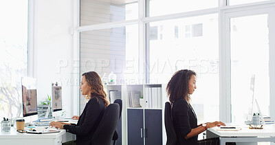 Buy stock photo Business, people and typing on computer in office for property search, listing web and real estate agents. Women, coworking and online for homepage research, realtor information and viewing for ideas