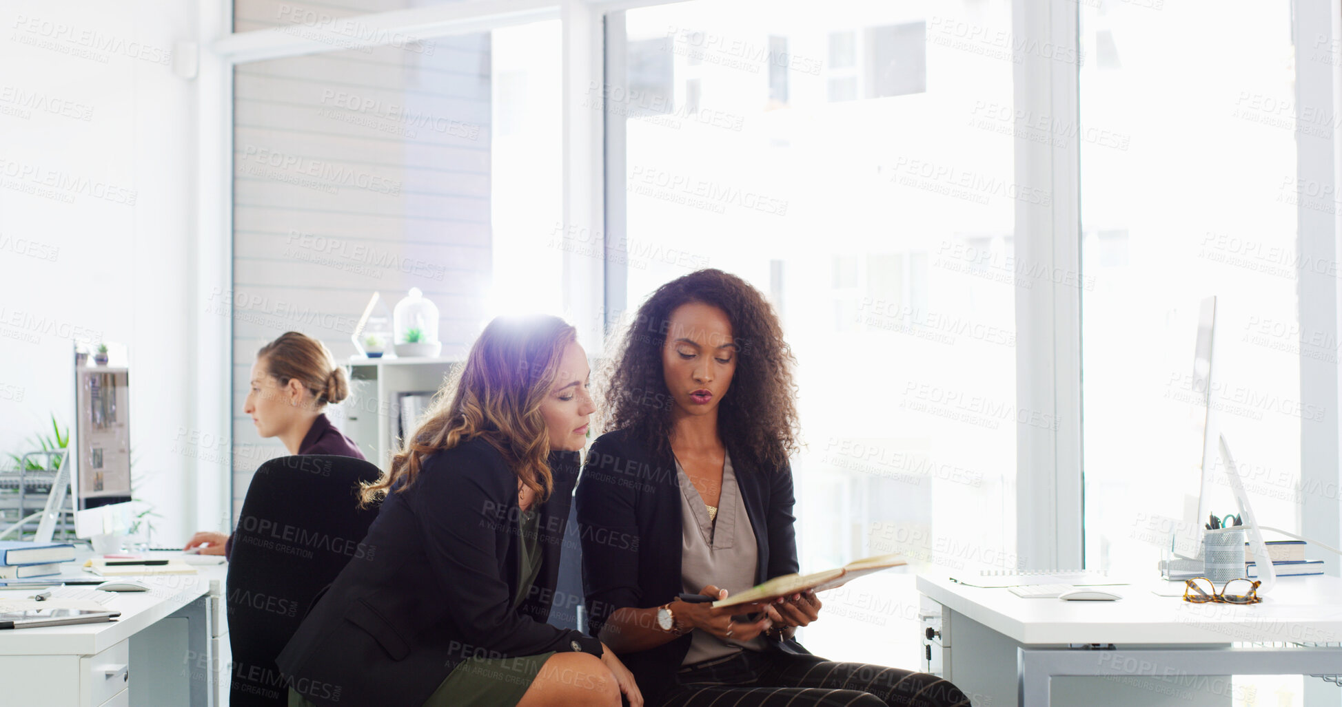 Buy stock photo Office, discussion and business women with notebook for planning, collaboration and feedback for project. Professional, corporate and people in meeting with notes for research, proposal and website