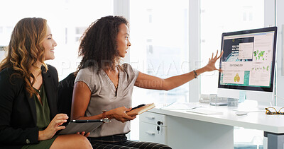 Buy stock photo Planning, meeting and business women on computer for digital layout, collaboration and research. Creative agency, discussion and people on PC with graphs, statistics and map for feedback on website